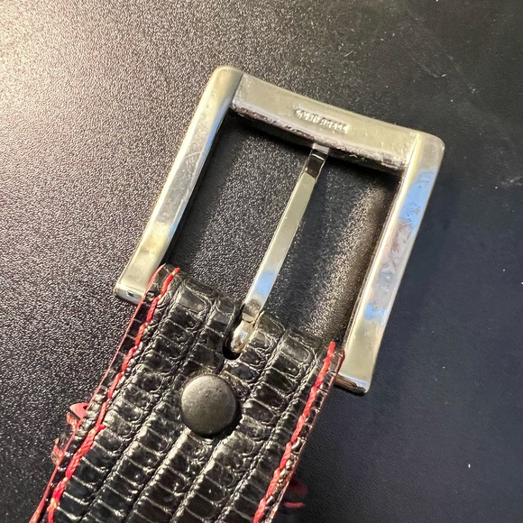 PATRICK GIBBONS  Genuine LIZZARD Handmade Leather Belt Black Red Sz 28 Brass - Picture 10 of 11